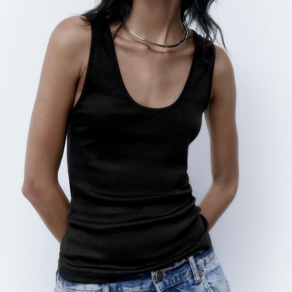 Black Zara Casual Relaxed Soft Round Neckline Sleeveless Tank Top (NWT) - Picture 1 of 8